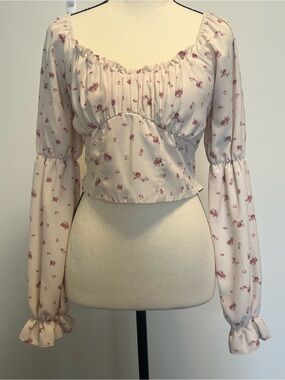Sage Cream Floral Square-Neck Crop Top with Pink Print